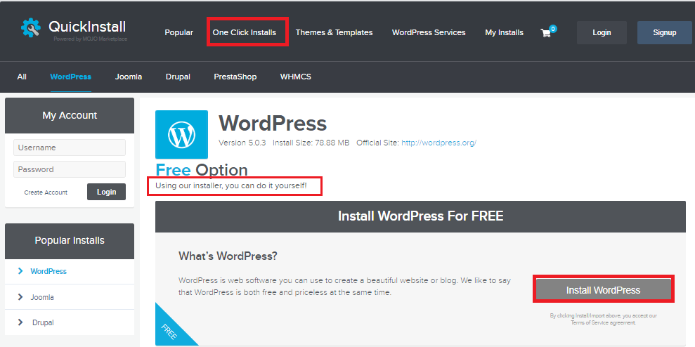 Single Click WordPress Installation